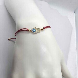 Hamsa Hand Protection Bracelet – 925 Sterling Silver with Red Adjustable Cord